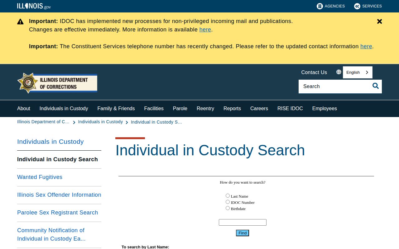 Illinois Department of Corrections offender search entry