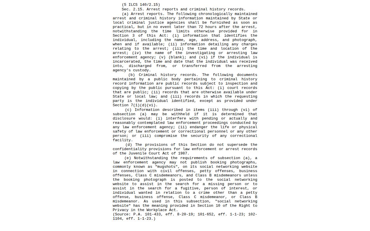 Illinois FOIA provision concerning chronological arrest information and photographs
